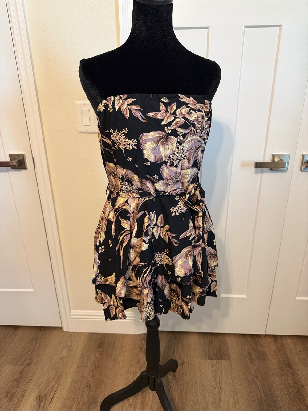 Strapless Black Floral Summer Dress with Waist Tie